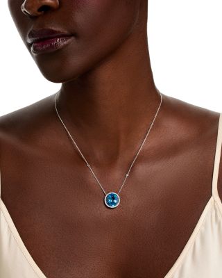 Swiss Blue Topaz, Blue Sapphire & Diamond Halo Pendant Necklace in 14K White Gold, 18"