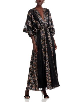 Printed Kimono Sleeve Lace Detail Maxi Dress