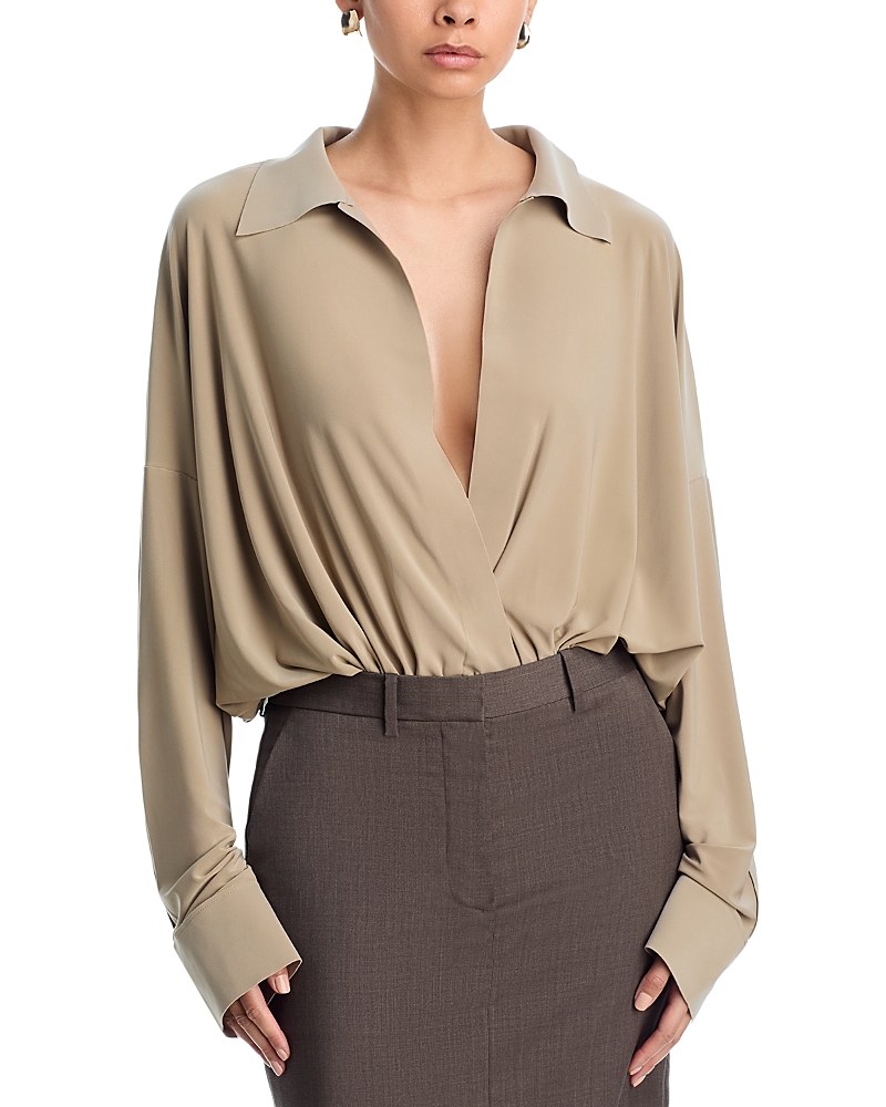 Norma Kamali Super Oversized Boyfriend Shirt Bodysuit In Green