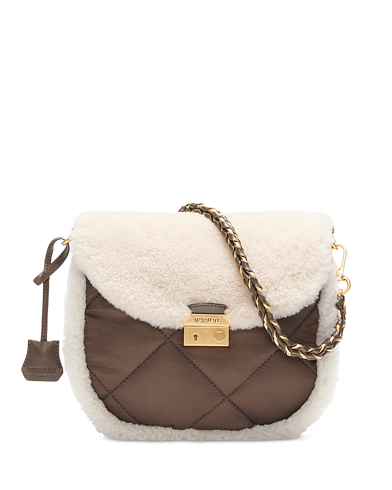 Mz Wallace Crosby Lock Small Shearling Trim Crossbody Bag In Brown