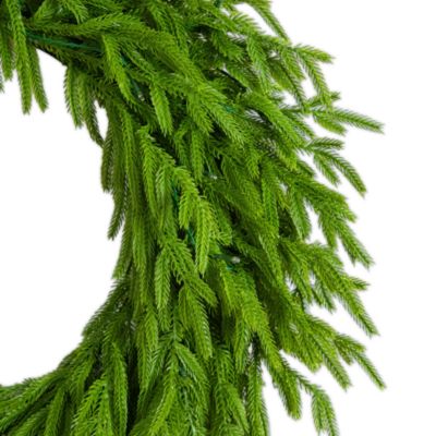 Pre-Lit Artificial Real Touch Norfolk Island Pine Wreath with Warm White LED Lights and Natural Look