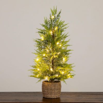 Pre-Lit Artificial Lightly Snowed Cypress 32" Christmas Tree with Warm White LED Lights in Decorative Basket