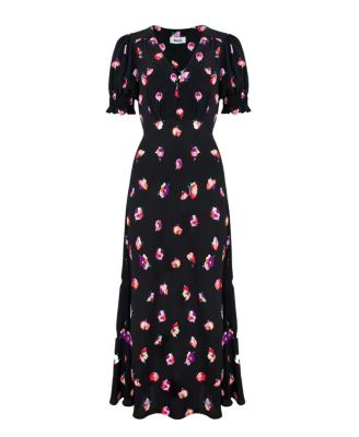  Pansy Print Shirred Cuff Midi Dress