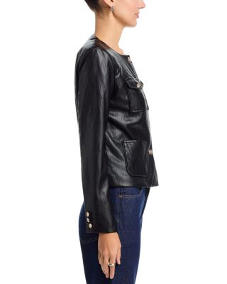 Collarless Faux Leather Jacket  