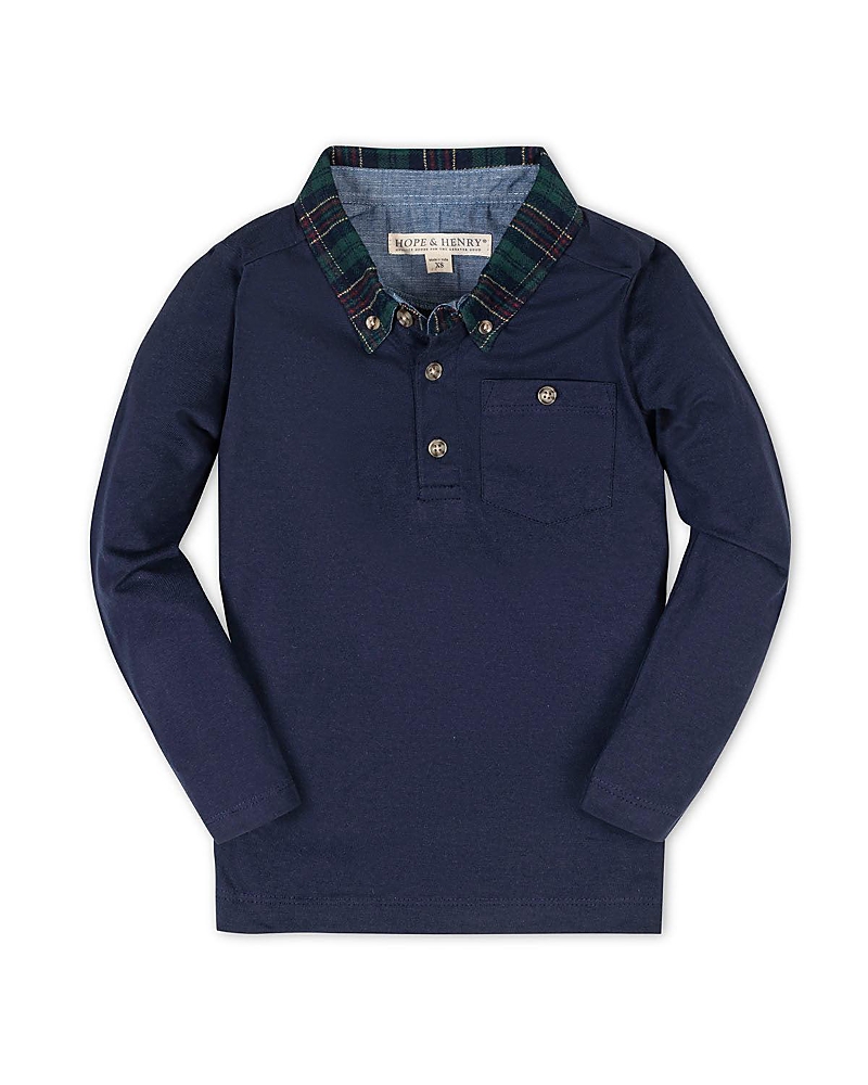 Hope & Henry Kids' Organic Long Sleeve Polo Shirt With Woven Collar In Blue