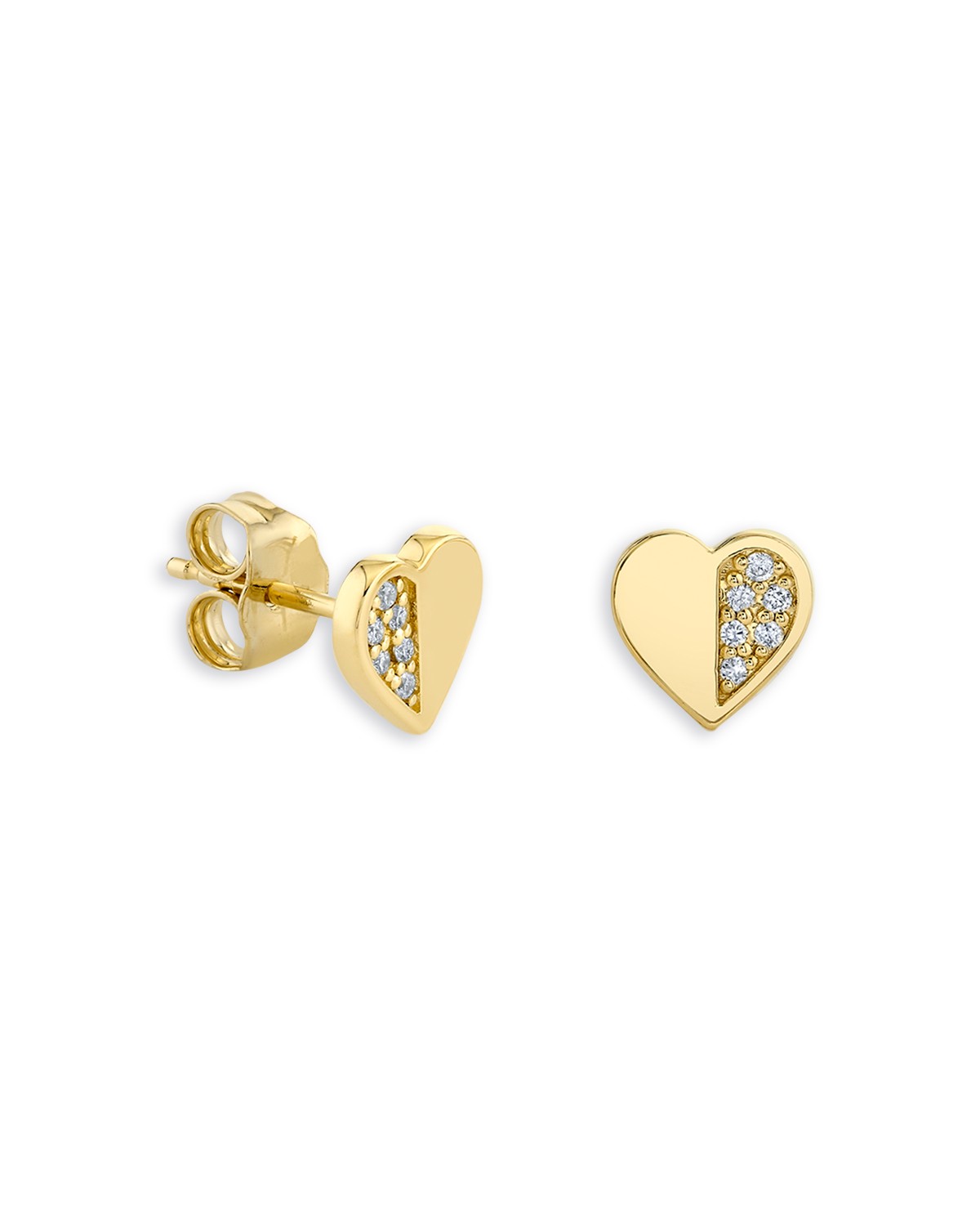 14K Yellow Gold Diamond Half Pavé Heart Stud Earrings, 0.05 tcw