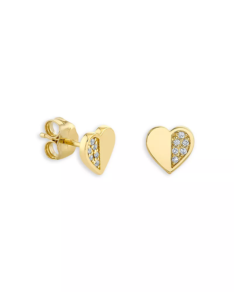 Sydney Evan 14K Yellow Gold Diamond Half Pave Heart Stud Earrings, 0.05 tcw