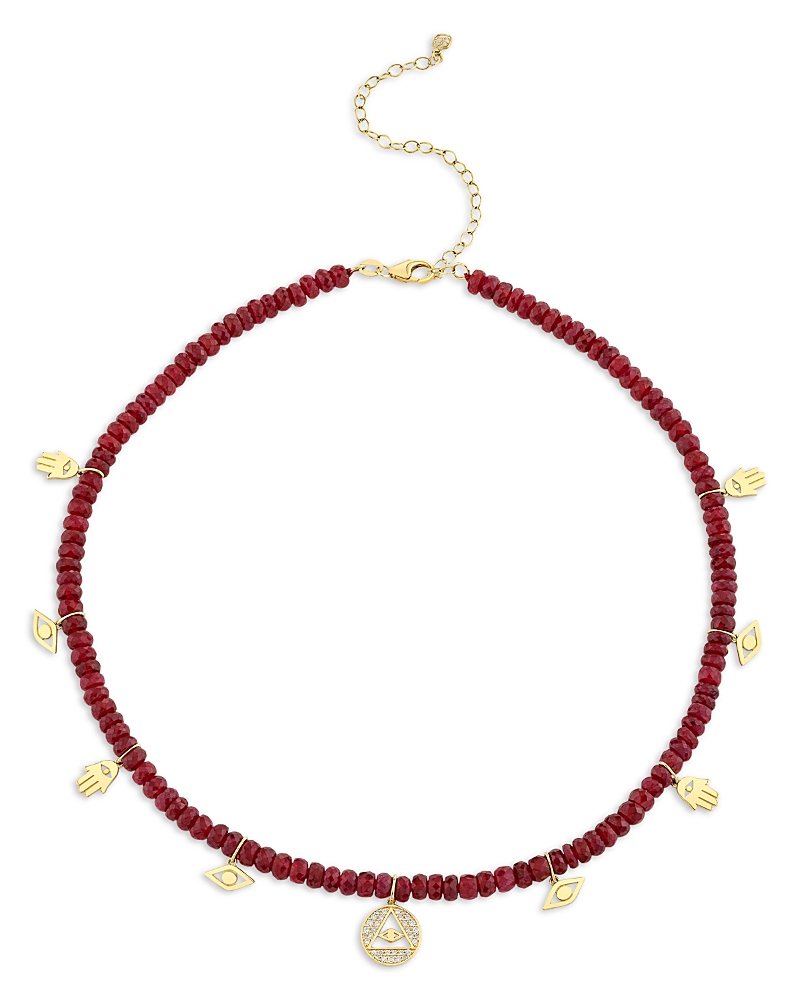 Sydney Evan 14K Yellow Gold Diamond & Ruby Bead Icon Charm Necklace, 16