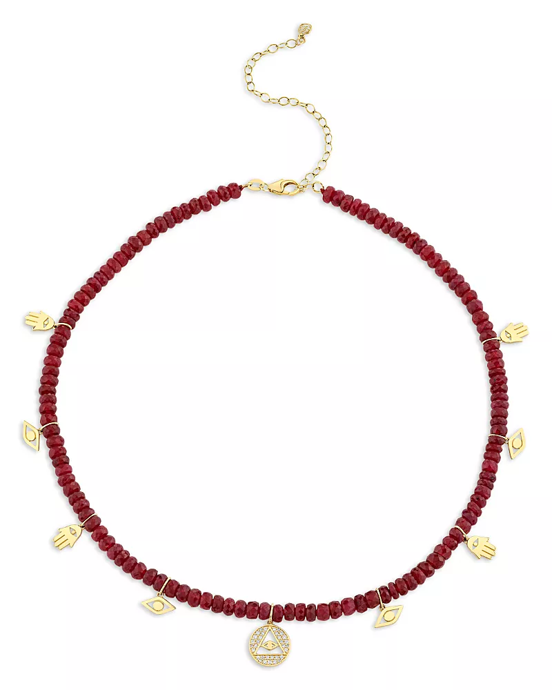Sydney Evan 14K Yellow Gold Diamond & Ruby Bead Icon Charm Necklace, 16