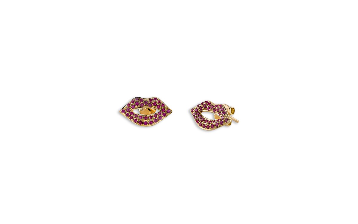14K Yellow Gold Ruby Lips Stud Earrings
