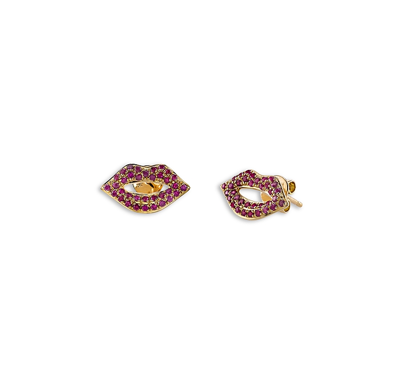 Sydney Evan 14K Yellow Gold Ruby Lips Stud Earrings