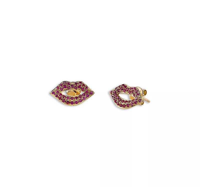 Sydney Evan 14K Yellow Gold Ruby Lips Stud Earrings