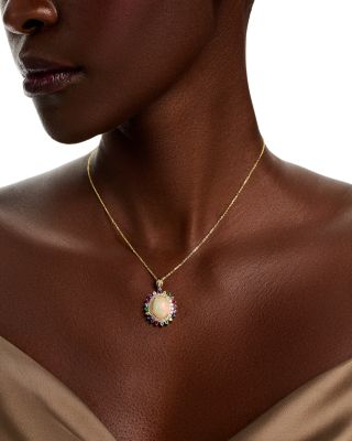 Opal, Multi Gemstone & Diamond Halo Pendant Necklace in 14K Yellow Gold, 16"