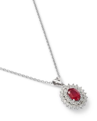 Ruby & Diamond Halo Pendant Necklace in 14K White Gold, 16"