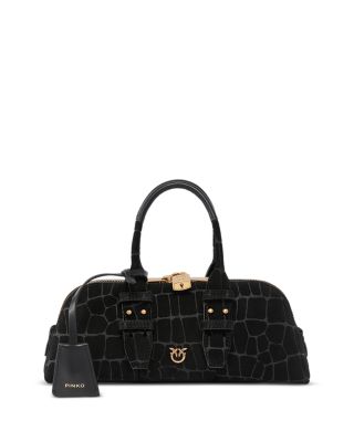 Embossed Suede Baguette Bowling Bag