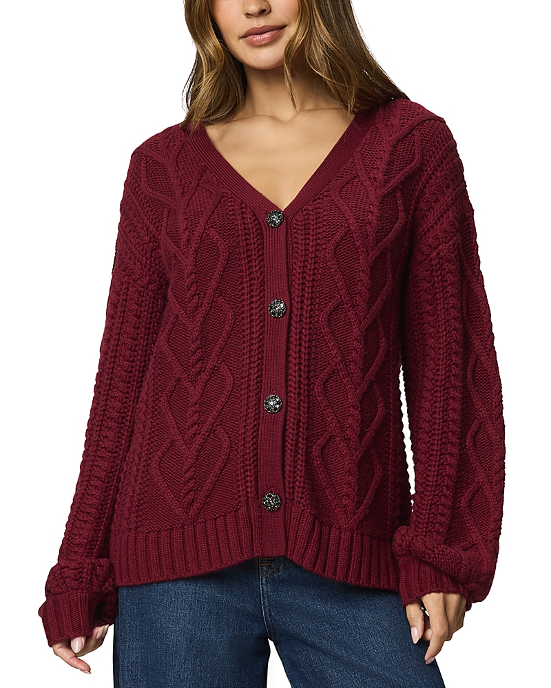 Splendid Harlow Hearts Rhinestone Cable Stitch Cardigan In Burgundy