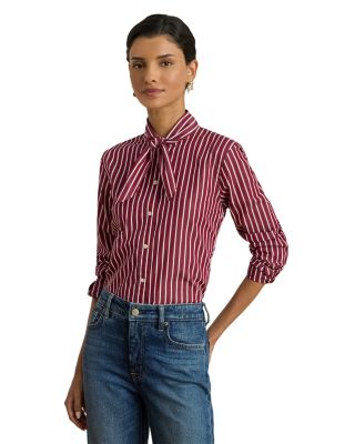 Striped Cotton Broadcloth Tie Neck Shirt