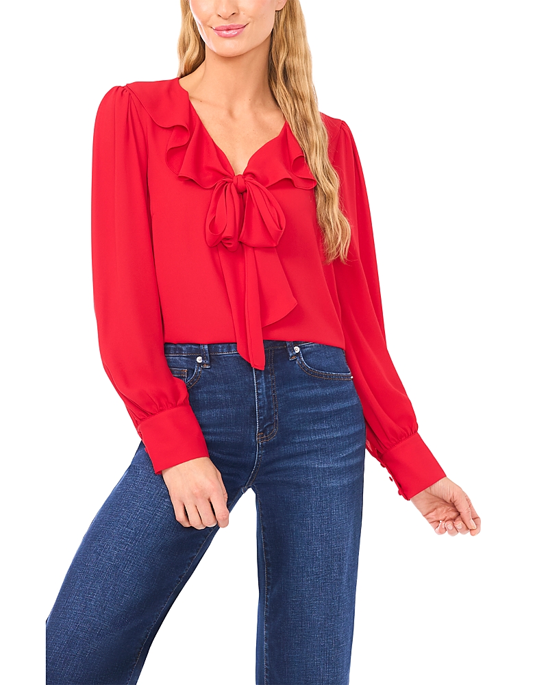 Cece Button Down Ruffle Top In Red