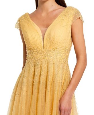Embellished Tulle Cap Sleeve V Neck Gown
