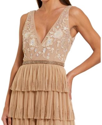 Beaded Mesh V Neck Gown with Tiered Ruffles