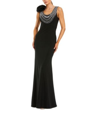 Beaded Scoop Neck Jersey Gown with 3D Flower
