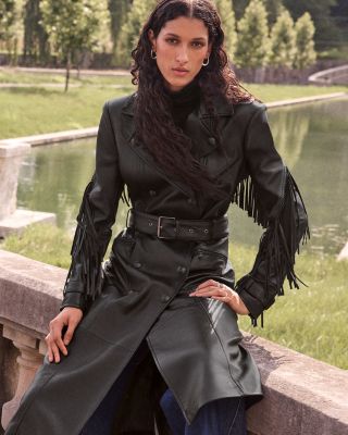 Celina Fringe Trim Faux Leather Trench Coat 