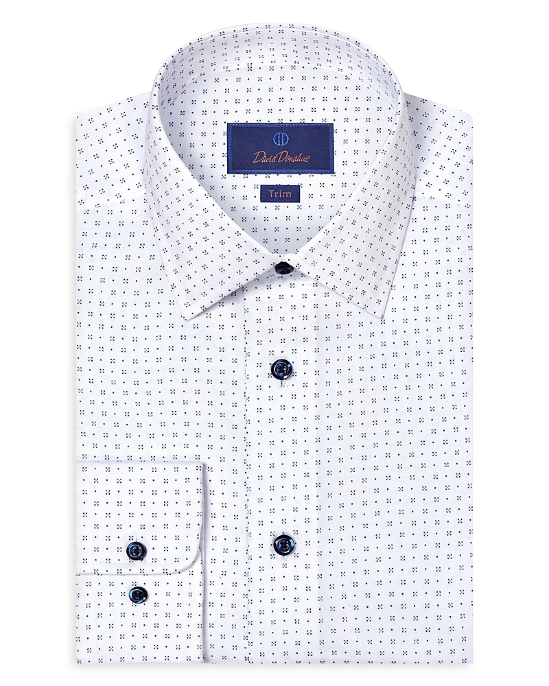 David Donahue Trim Fit Neat Print Dress Shirt In White