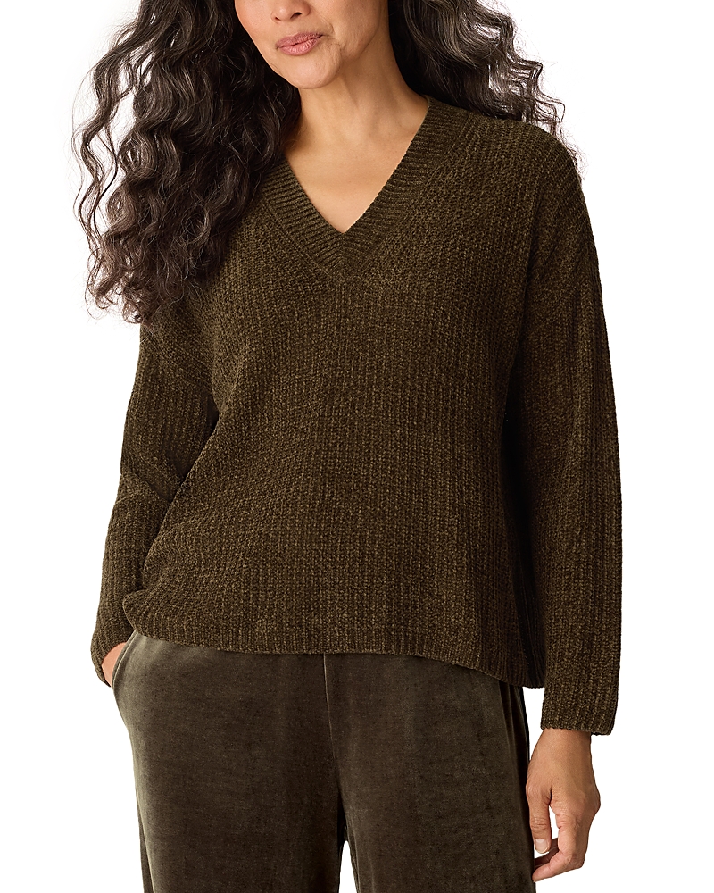 Eileen Fisher Chenille Blend V-neck Top In Brown
