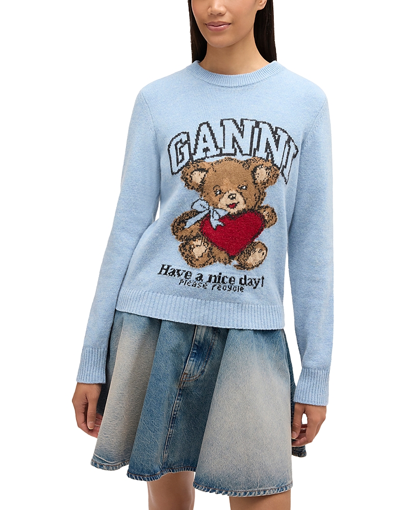 Ganni Wool Crew Neck Sweater Graphic Print In Blue