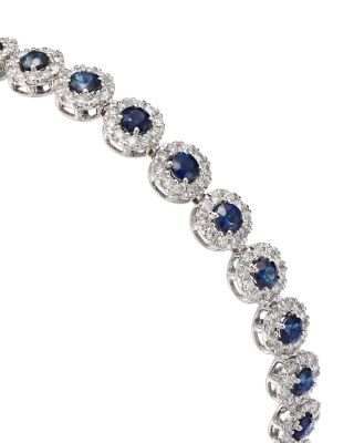 Blue Sapphire & Diamond Halo Tennis Bracelet in 14K White Gold