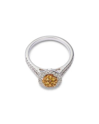 Yellow & White Diamond Halo Cluster Ring in 18K Yellow & White Gold, 0.77 tcw