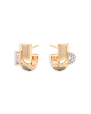 Certified Lab Grown Diamond Half Moon & Baguette Cloud Asymmetrical Half Arc Huggie Hoop Earrings in 14K Yellow Gold, 0.39 tcw