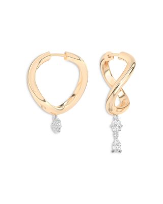 Certified Lab Grown Diamond Pear & Cushion Asymmetric Gaude Curve Dangle Hoop Earrings in 14K Yellow Gold, 1.28 tcw