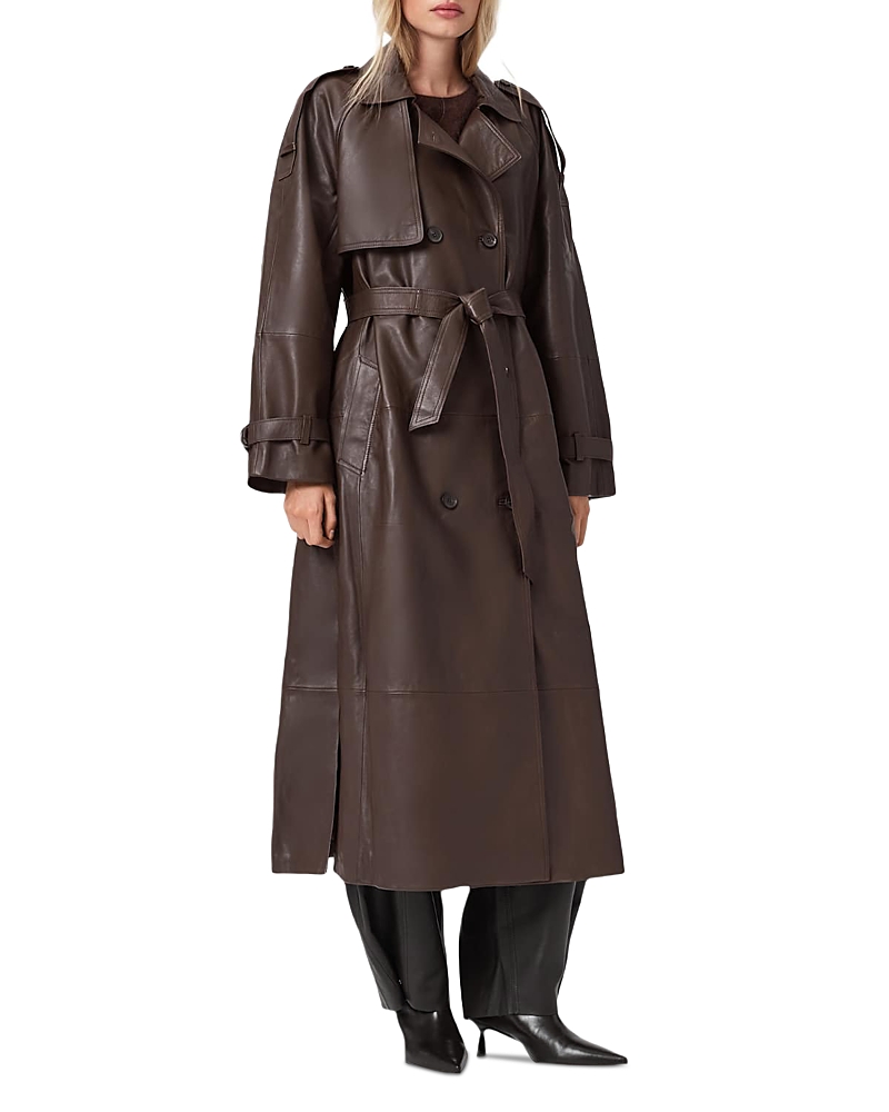 Allsaints Reed Leather Trench Coat In Brown