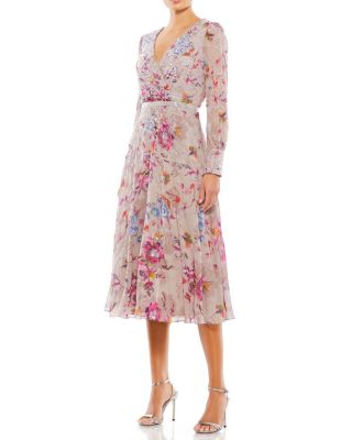 Embellished Floral Long Sleeve Midi Dress