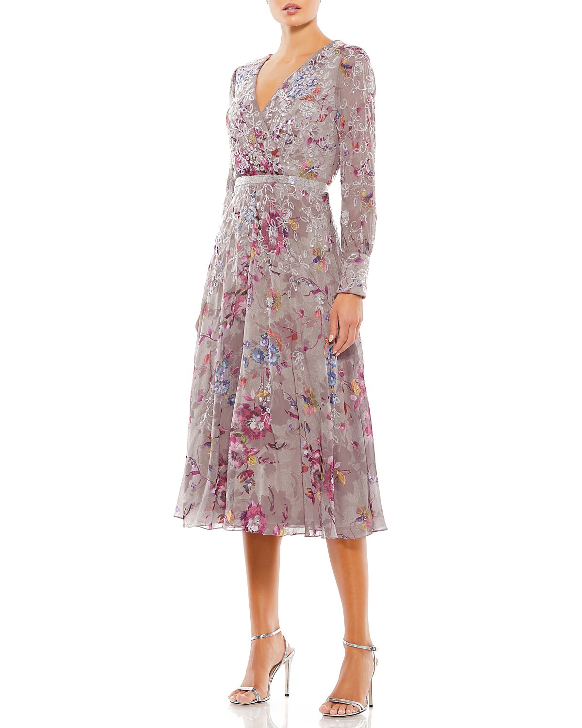 Mac Duggal Embellished Floral Long Sleeve Midi Dress