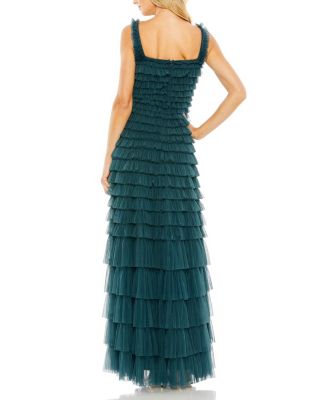 Textured Mesh Square Neckline Allover Ruffle Gown