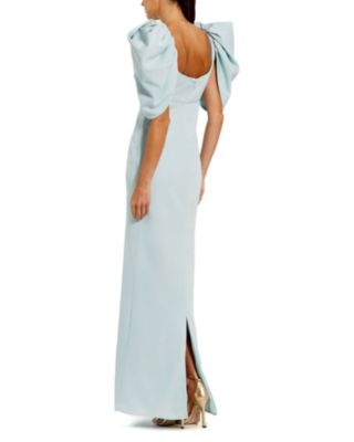 Fitted Crepe Scoop Neck Gown With Puff Sleeves