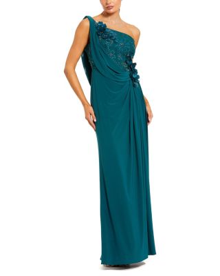  Jersey One Shoulder Cowl Gown with 3D Flowers