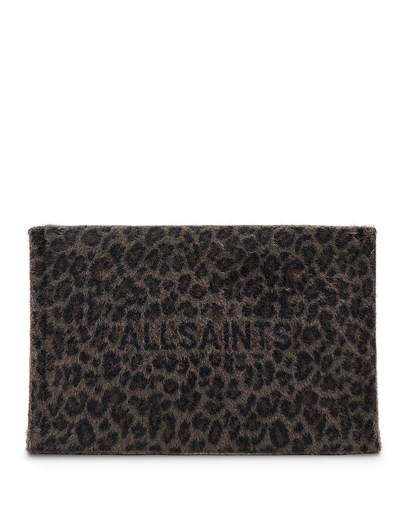Allsaints Izzy Leopard Print Zip Clutch In Brown