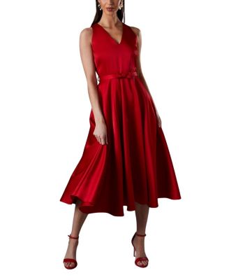 Bow Trim V-Neck Volume Skirt Midi Dress
