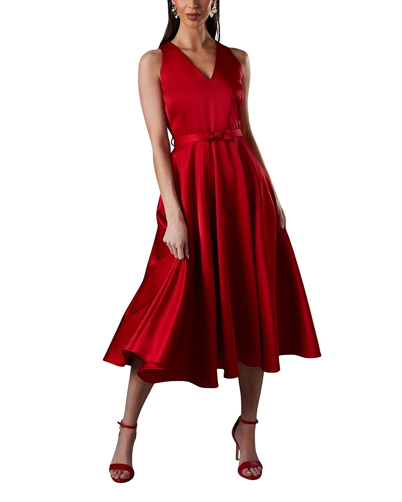 Coast Bow Trim V-Neck Volume Skirt Midi Dress