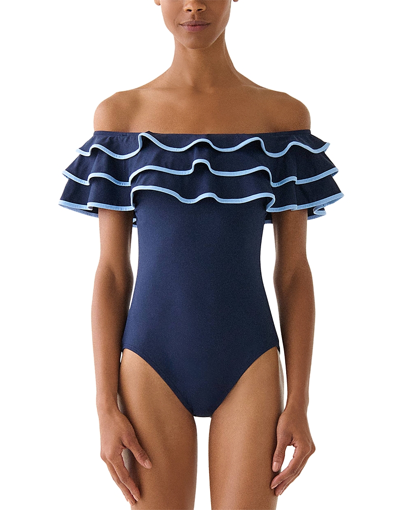Kate Spade New York Ruffled One Piece Swimsuit In Blue