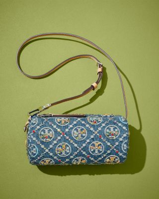T Monogram Embellished Denim Cylinder Bag