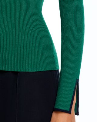 Long Bell Sleeved Rib Contrast Tipping Crewneck Pullover Sweater