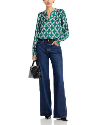 Long Sleeved Split Neck Blouse With Smocked Cuffs