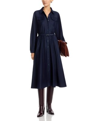 Button Down Belted Denim Midi Dress