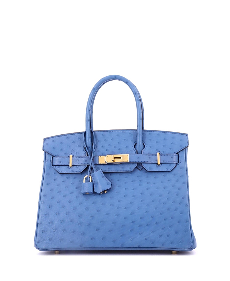 Pre-Owned HERMES Birkin 30 Handbag Blue Ostrich with Gold Hardware