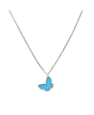  Sweet Alhambra Butterfly Pendant Necklace 18K White Gold with Turquoise, 14.75 - 15.5"