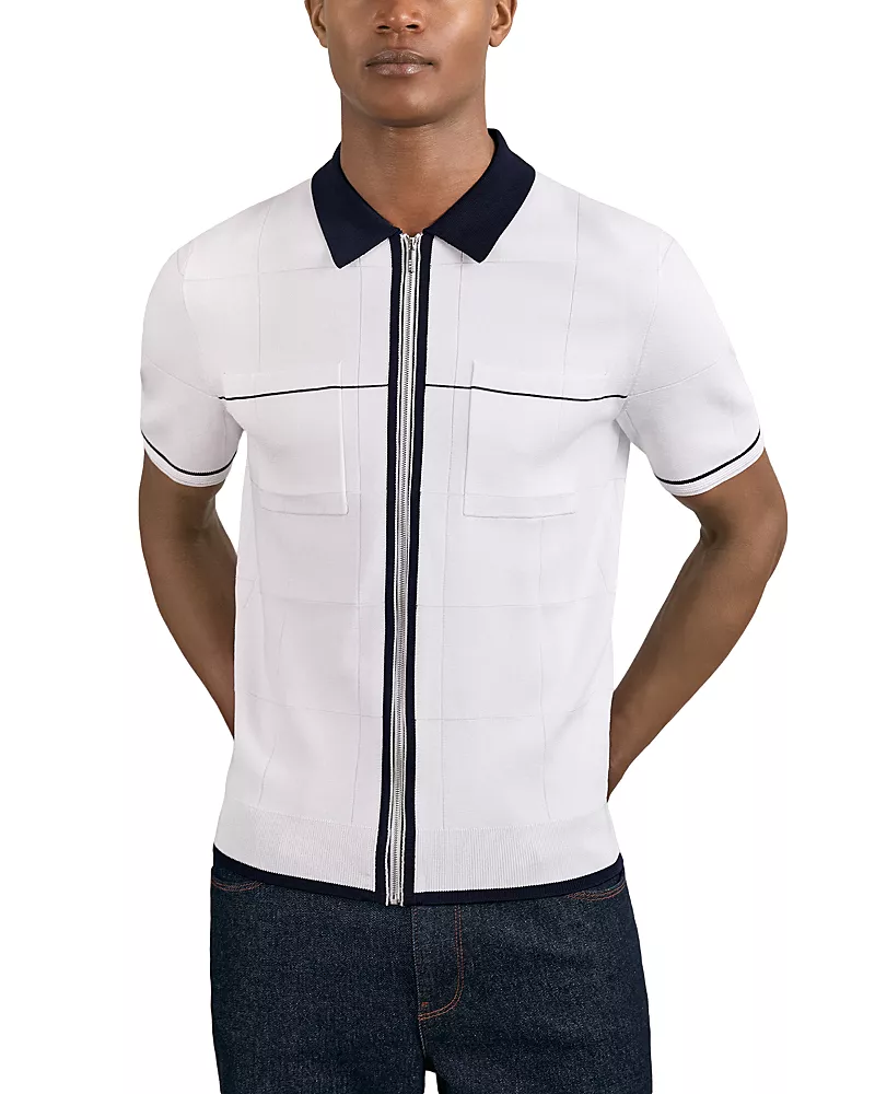 Reiss Baxter Short Sleeve Zip Through Windowpane Texture Polo Shirt